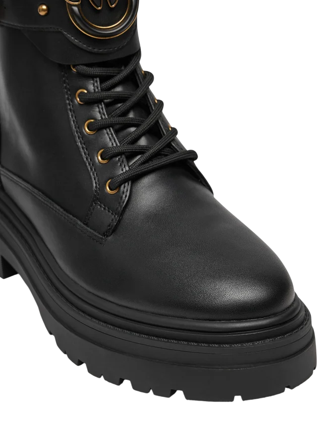 Pinko stivali anfibi Mia con placca Love Birds in pelle nero