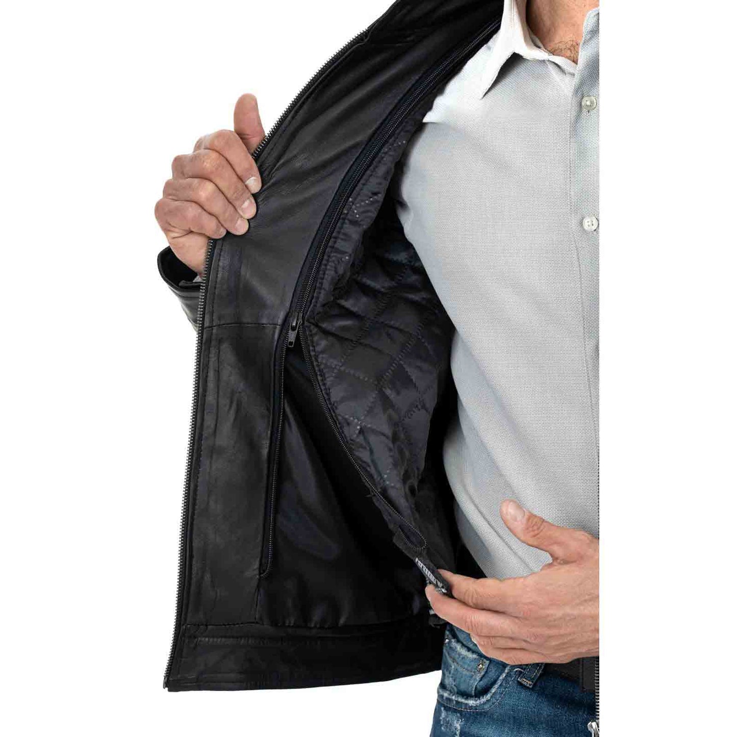 Giacca Biker In Vera Pelle Nera Uomo Slim Collo Coreana Quattro Tasche Rindway