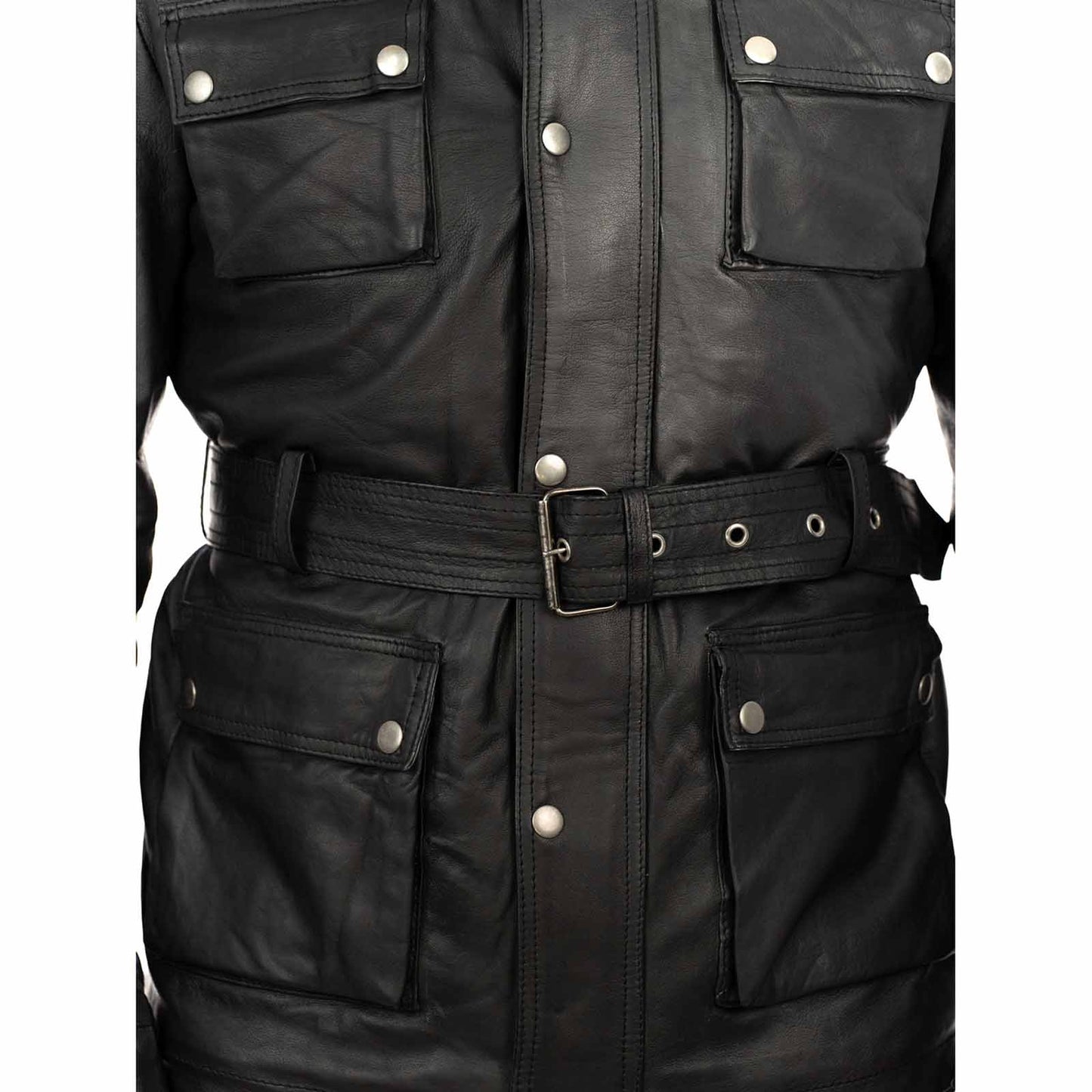 Giaccone Giacca Lungo In Vera Pelle Nera Uomo Slim Con Tasconi e Cintura Vita Rindway