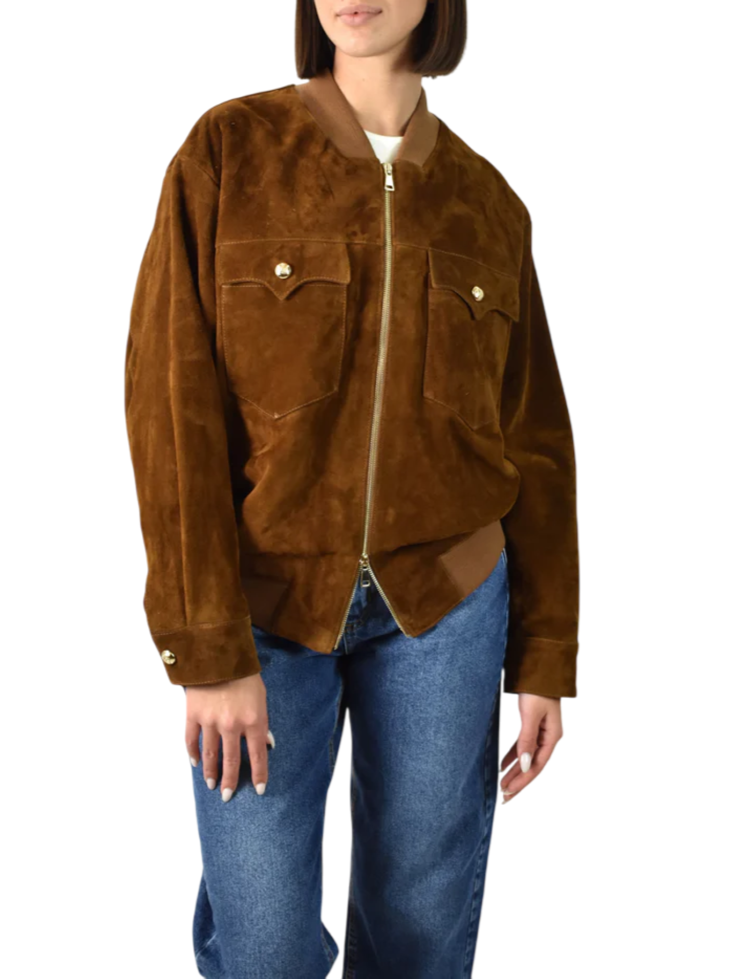 Vicolo giubbino bomber in pelle scamosciata marrone cuoio