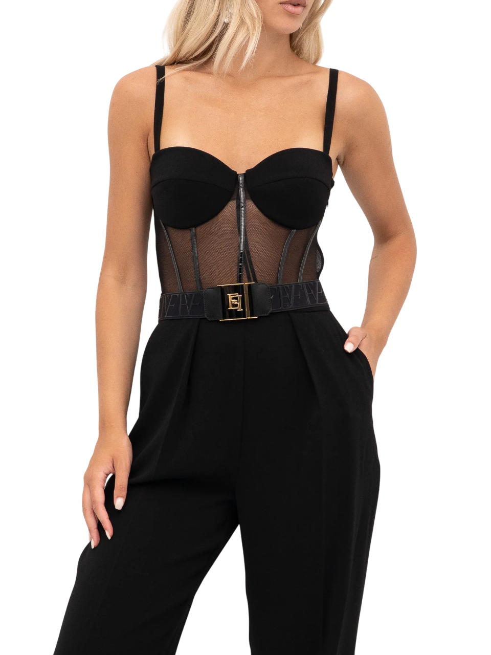 Elisabetta Franchi tuta jumpsuit in tulle e crepe nero