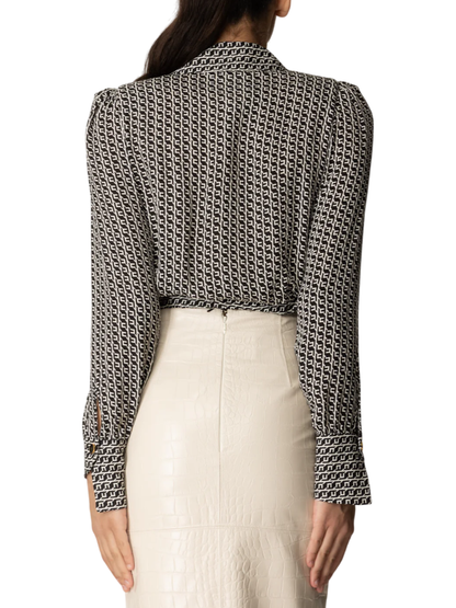 Elisabetta Franchi camicia crop in fantasia monogram nero bianco