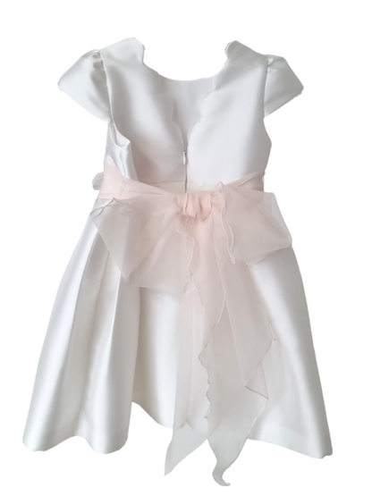 Mimilù abito elegante in mikado con spilla floreale bianco