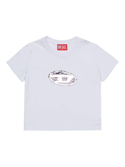 Diesel T-shirt manica corta con logo paillettes bianco