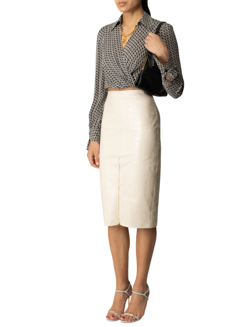 Elisabetta Franchi camicia crop in fantasia monogram nero bianco