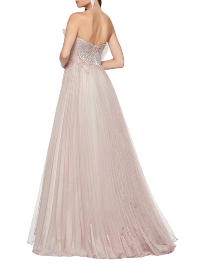 Impero Couture abito da cerimonia in tulle con ricami gioiello rosa cenere