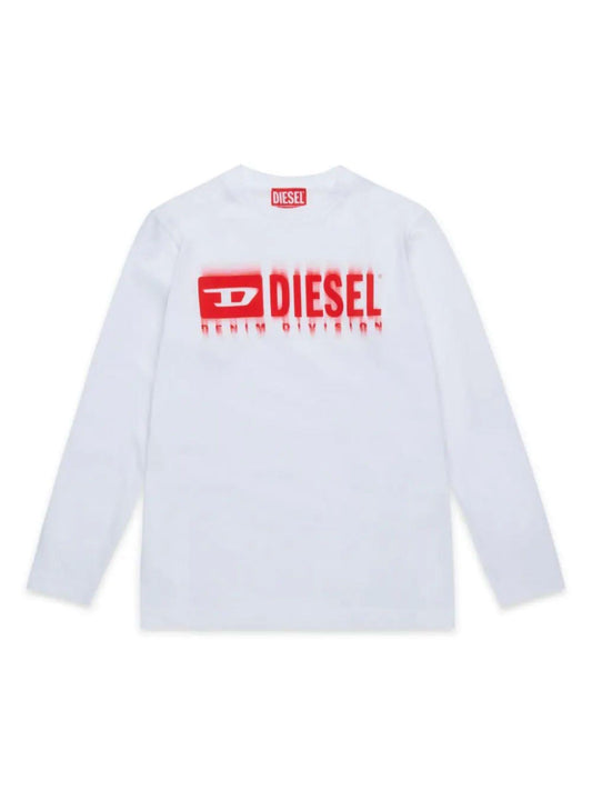 Diesel T-shirt manica lunga con stampa logo bianco rosso