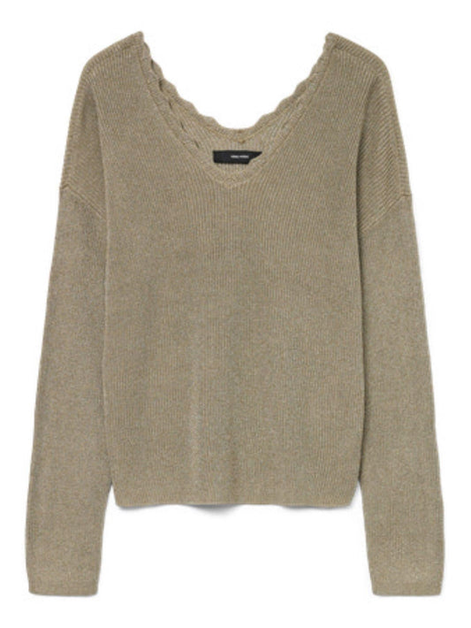 Vero Moda maglia in lurex con scollo a V tortora