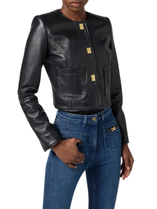 Elisabetta Franchi giubbino in pelle con bottoni gioiello nero